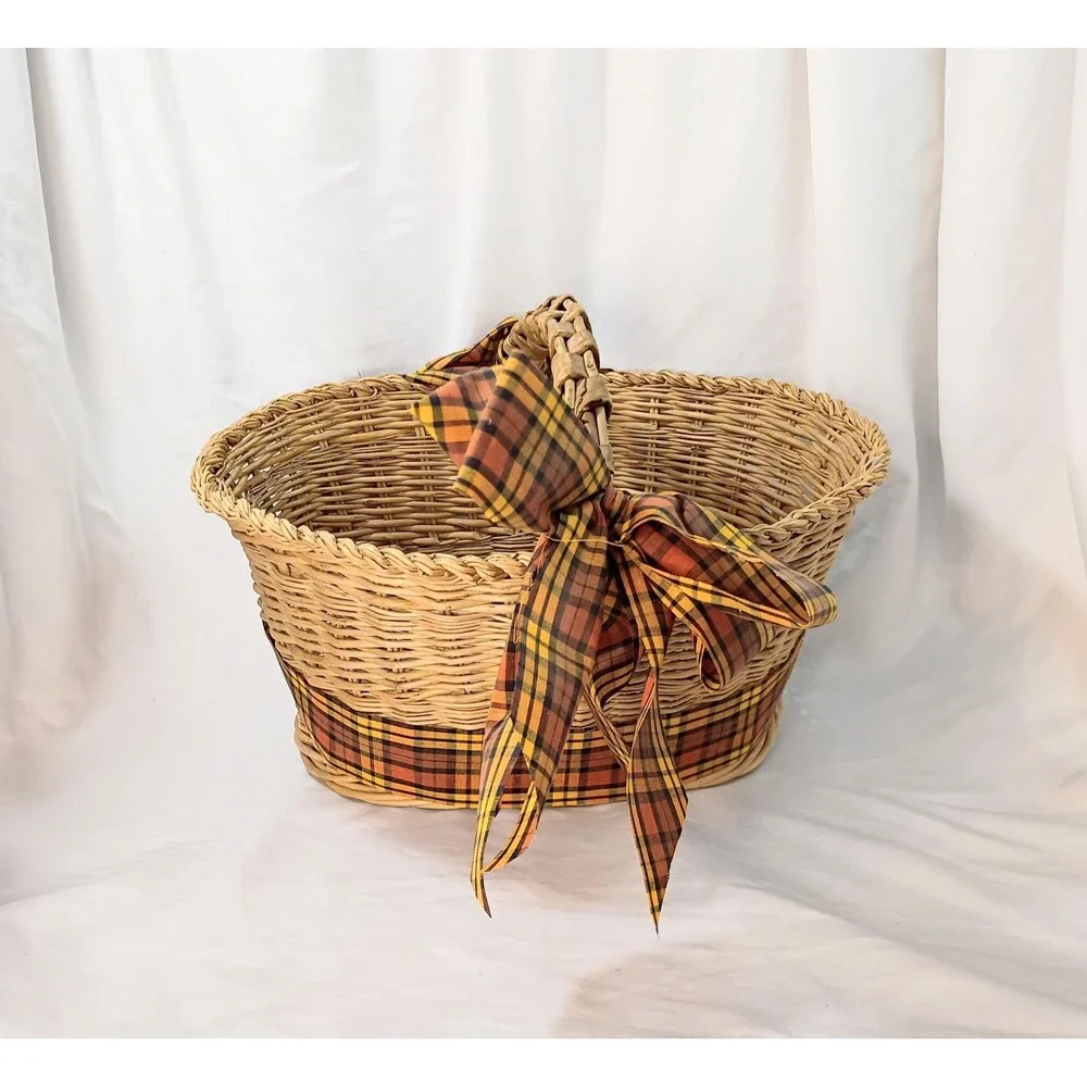 Vintage Oval Wicker Basket with Rustic Handle and Yellow/Orange Plaid Ribbon
